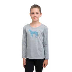 Cavalliera Women's Blue Horse Long Sleeve Cotton Top - Grey Melange
